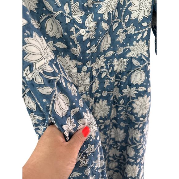 Beau & Ro Blue Folk Floral Button Front Floral Midi Dress Pockets Size Medium‎ - Picture 9 of 10